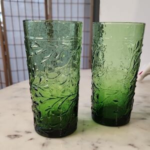 Vintage | Libbey Green Raised Pressed Glasses 16oz Set 2 RARE